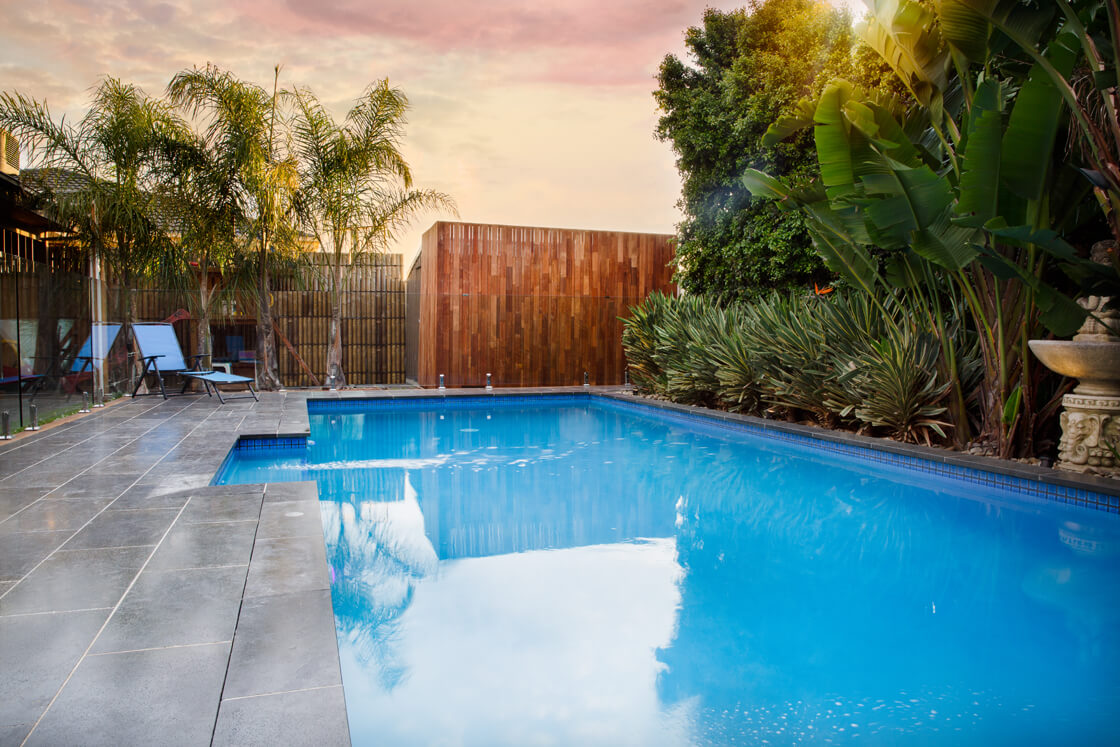 Blue pool surrounded by palm trees, timber walls and tropical garden