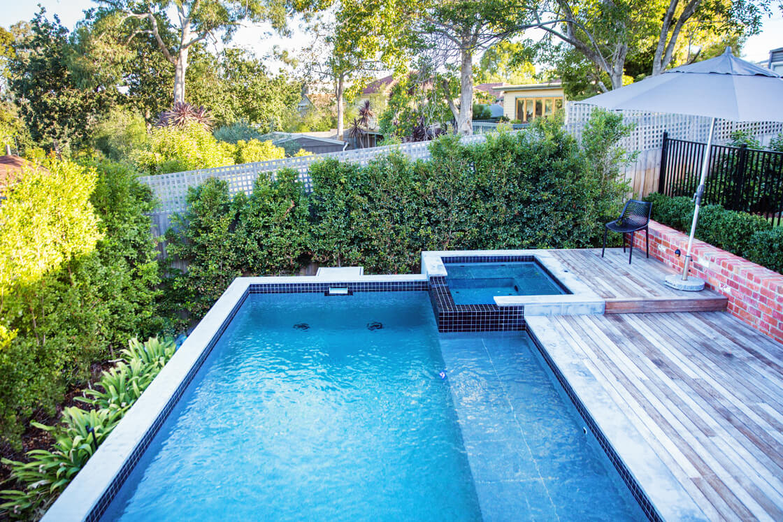 Pool and spa with raised timber platform and green garden screening